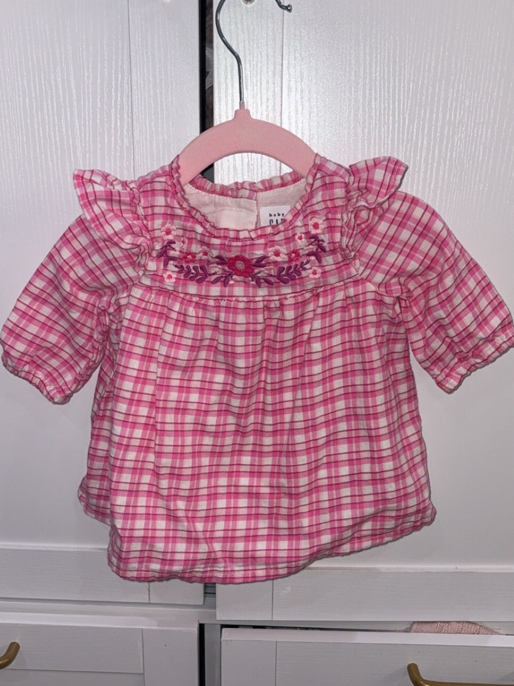 Gap Plaid Pink Ruffled Top with Floral Embroidery